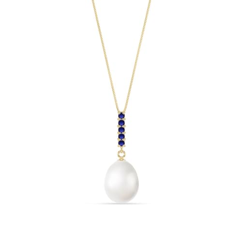 Veroni Solid 10K Gold Pearl Pendant Necklace for Women - 4.2 Carat Pearl & Sapphire - Italian Box Chain - Cipher Collection - Handcrafted in USA - Classic Yellow Gold