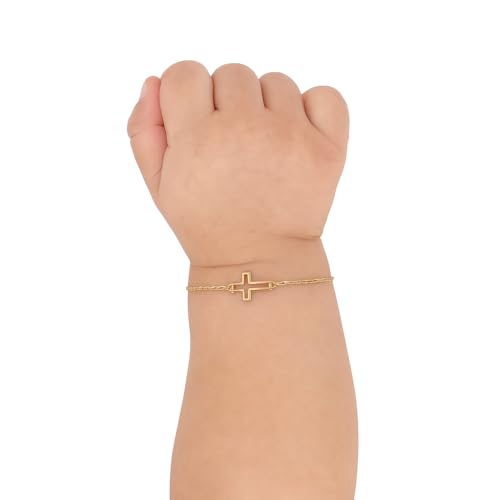 MIONZA Jewelry 14k Solid Gold Cross Bracelet for Women, Teen Girls, Baby | Real Sideways Adjustable Cross Bracelet | Gold Plated Bracelet for Women | Christian Baptism Gift