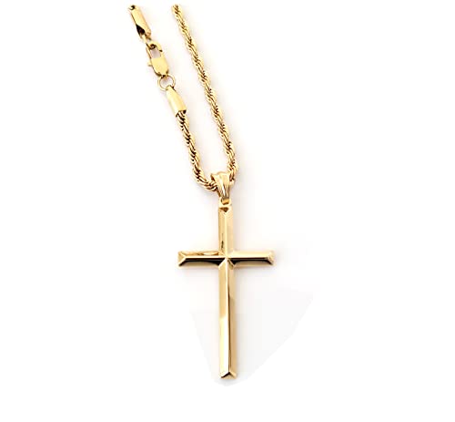 ADORATO JEWELRY 14K Gold Rope Chain Style Cross Pendant Necklace 3MM Cross Necklace Clasp for MEN, HUSBAND Thin for Charms Miami Cuban Link Diamond Cut Religious Beveled Edge (20)