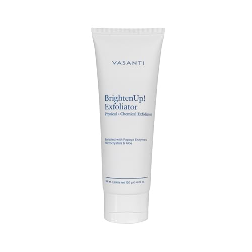VASANTI BrightenUp! Exfoliator (120g) | Physical + Chemical Facial Exfoliator Scrub with Instant Results for Soft, Smooth and Radiant Skin | Enriched with Papaya, Microcrystals and Aloe | 99% Natural