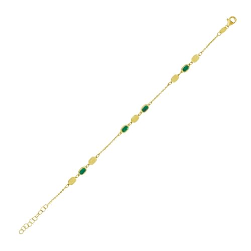 Floreo 14k Yellow Gold Malachite & Mother of Pearl Inlay Links Bracelet Solid Beaded Chain Bracelet, 7.5 Inch, with 0.5" Extender