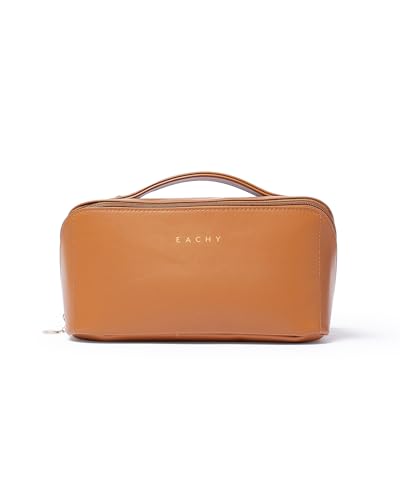 EACHY Travel Makeup Bag for Women, PU Leather Cosmetic Bag, Brown, Medium