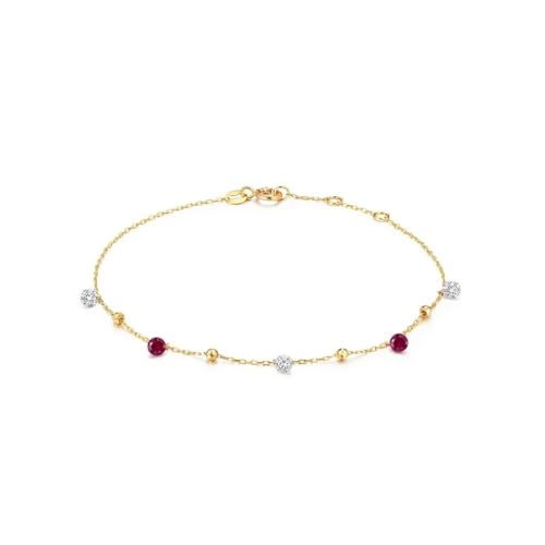 NFYBD 14K Solid Gold Custom Multi-Gemstone Station Bracelet in Real Pure Gold Gift for Women (Simulated diamonds and garnets)