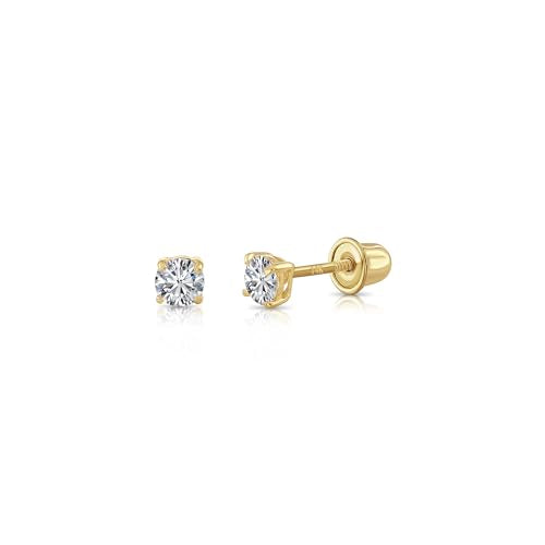 14K Yellow Gold Solitaire Round Lab-Grown Diamond Stud Earrings in Secure Screw-backs (2MM - 0.07CTW)