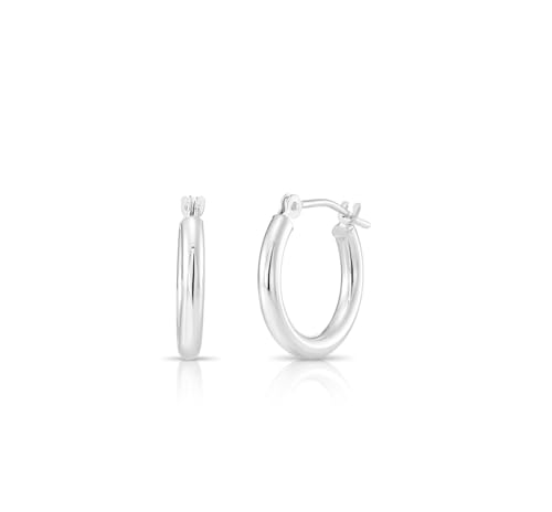 10k White Gold Polished Round Hoop Earrings, 14mm (0.55 inch Diameter)