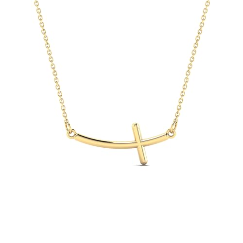 Gelin Dainty Curved Sideways Cross Necklace for Women in 10K Solid Gold, 18 Inch Chain