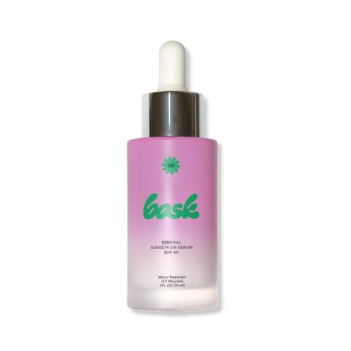 Bask SPF 50 Mineral Face Sunscreen Serum - Fragrance Free, Reef Safe, Broad Spectrum UVA/UVB Protection, Dermatologist Recommended, Hydrating, Lightweight & Fast-Absorbing, 1 oz
