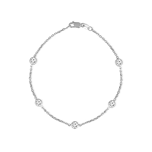 Floreo 14k White Gold 4mm Round Created Cubic Zirconia (CZ) Birthstone Cable Bracelet or Anklet, 9 Inch