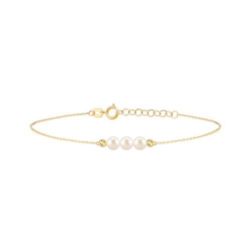 Gelin 10K Solid Gold Freshwater Pearl Bracelet for Women - Dainty Triple Pearl Station Bracelet