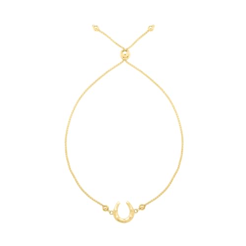 Floreo 14k Yellow Gold Horseshoe Charm Adjustable Wheat Link Friendship Bolo Bracelet, Extendable 9 Inch