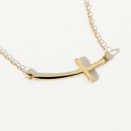 Gelin Dainty Curved Sideways Cross Necklace for Women in 10K Solid Gold, 18 Inch Chain