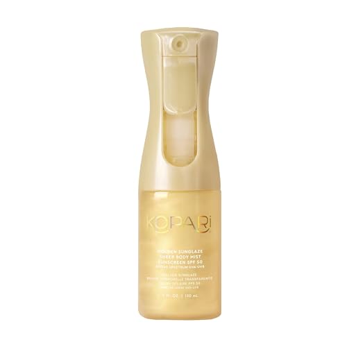 Kopari Golden Sunglaze Sheer Body Mist Sunscreen SPF 50, Infused with Shimmering Body Oil, Hydrating Mist, Hydrates, Brightens, Gives Skin a Glowy Finish, Lightweight, Fast-Absorbing.