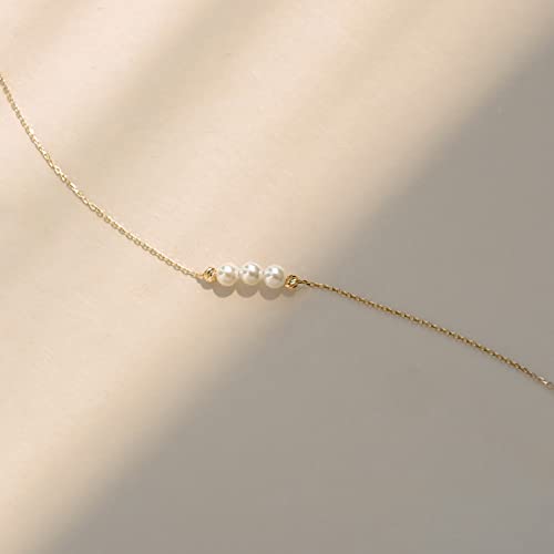 Gelin 10K Solid Gold Freshwater Pearl Bracelet for Women - Dainty Triple Pearl Station Bracelet