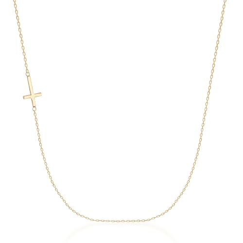 Golden Planet 10K Solid Gold Sideways Cross Necklace in 18" for Women | Simple Dainty Small Cross Pendant Charm Chain Necklace | Baptism Religious Faith Fine Gold Jewelry