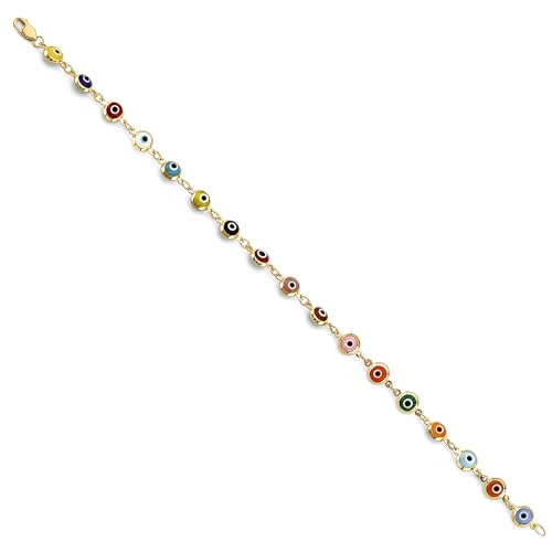 14k REAL Yellow Gold Multi Color Evil Eye Bracelet - 7.25"