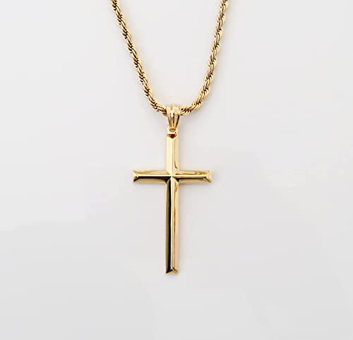 ADORATO JEWELRY 14K Gold Rope Chain Style Cross Pendant Necklace 3MM Cross Necklace Clasp for MEN, HUSBAND Thin for Charms Miami Cuban Link Diamond Cut Religious Beveled Edge (20)