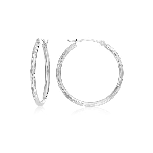 10K White Gold Hand Engraved Full Diamond-cut Round Hoop Earrings