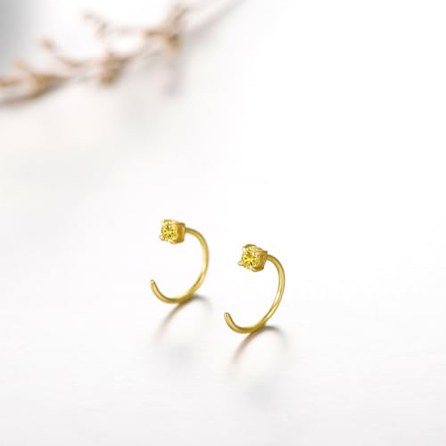 10K Solid Gold Huggie Half Hoop Birthstone Earrings for Women, Gold Citrine Colored Gemstone Tiny Cartilage Earring Hypoallergenic Jewelry Anniversary Birthday Gift 10mm