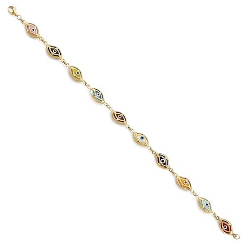 14k REAL Yellow Gold Multi Color Evil Eye Bracelet - 7.5"