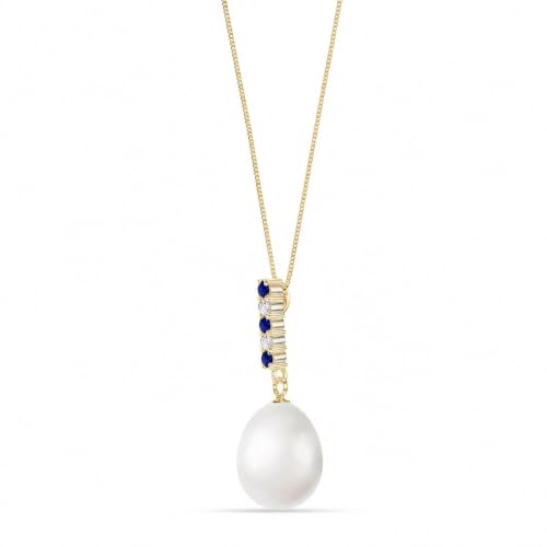 Veroni Solid 10K Gold Pearl Pendant Necklace for Women - 4.2 Carat Pearl & Sapphire - Italian Box Chain - Cipher Collection - Handcrafted in USA - Classic Yellow Gold