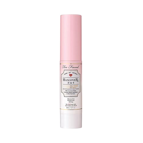 Too Faced Hangover 3-in-1 Primer & Setting Spray | Soothing & Hydrating Setting Spray for Face Makeup | Coconut Water | Travel Size, 1 Fl Oz, Clear