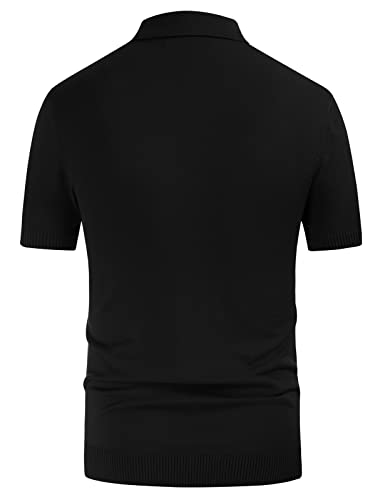 PJ PAUL JONES Mens Short Sleeve Knitted Polo Shirts Vintage Striped Summer Knit Shirt Mens Collared Shirts Short Sleeve Black L