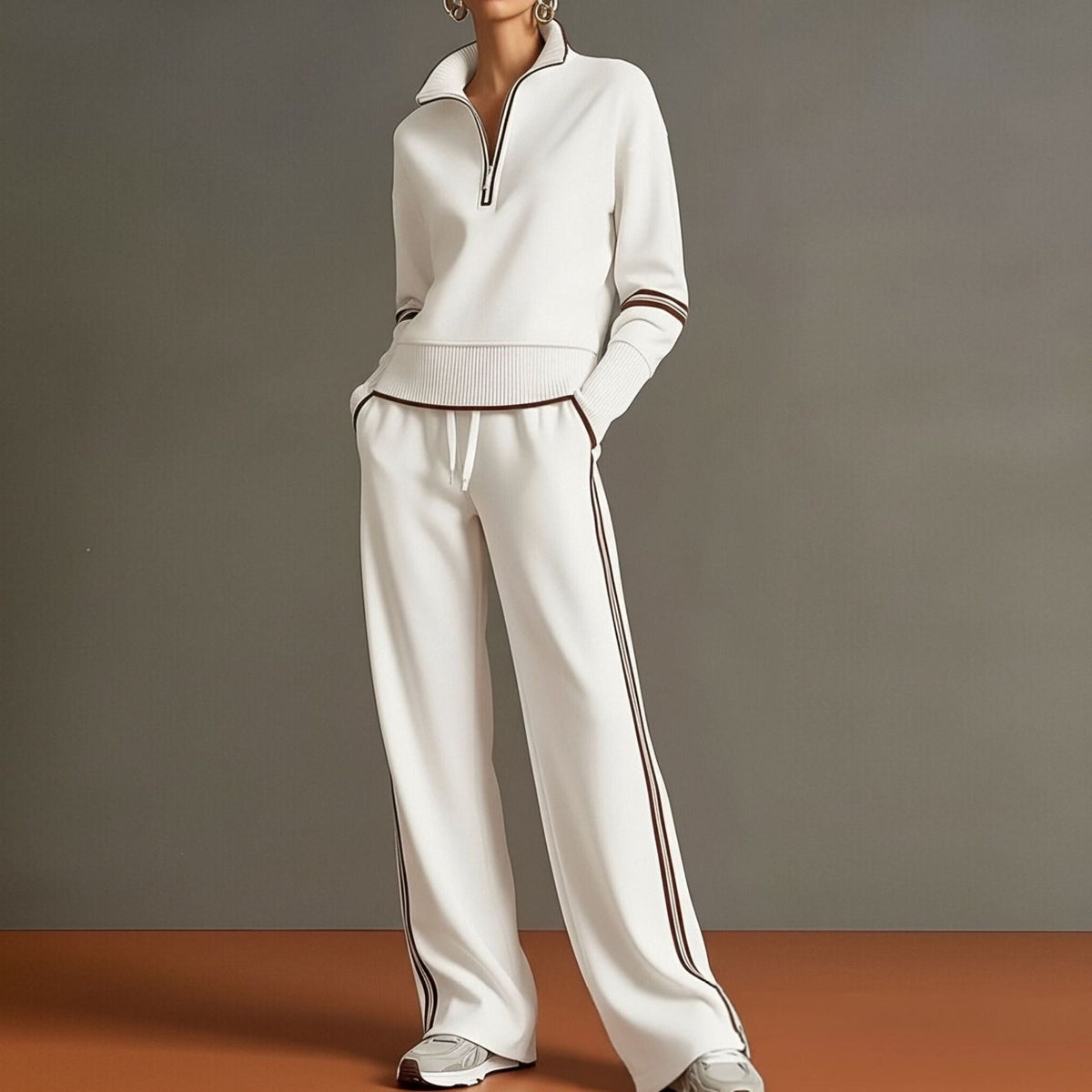 Women's Half-Zip Striped Sweatshirt & Wide-Leg Pants Set