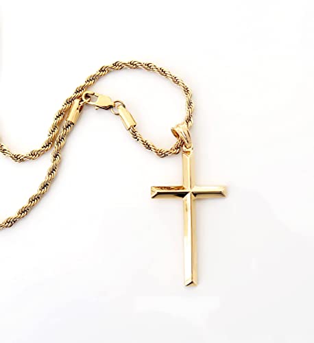 ADORATO JEWELRY 14K Gold Rope Chain Style Cross Pendant Necklace 3MM Cross Necklace Clasp for MEN, HUSBAND Thin for Charms Miami Cuban Link Diamond Cut Religious Beveled Edge (20)