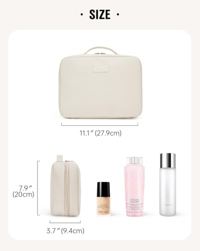 EACHY Toiletry Bag with Hanging Hook, Travel Makeup Bag PU Leather Cosmetic Bags for Women Make Up Organizer with 4 Compartments Waterproof Full-Size Portable Travel Essentials (Beige)