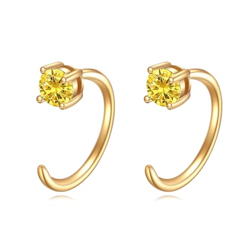 10K Solid Gold Huggie Half Hoop Birthstone Earrings for Women, Gold Citrine Colored Gemstone Tiny Cartilage Earring Hypoallergenic Jewelry Anniversary Birthday Gift 10mm