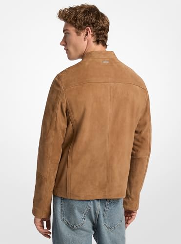 Michael Kors Men's Suede Double Zip Pocket Racer Jacket, Dark Camel, XS