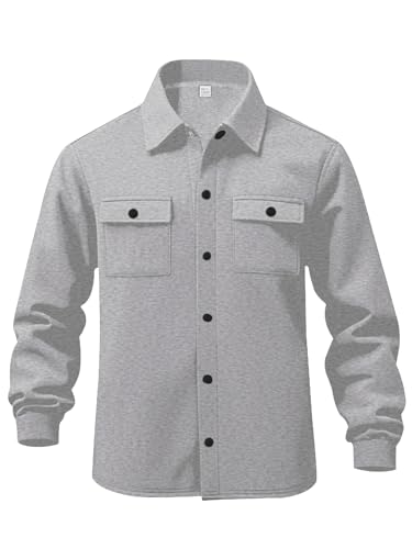 Men's Fleece Cargo Jacket Tracksuit Set 2 Pieces Solid Color Long Sleeve Button up Jacket and Cargo Pants Set Light Grey