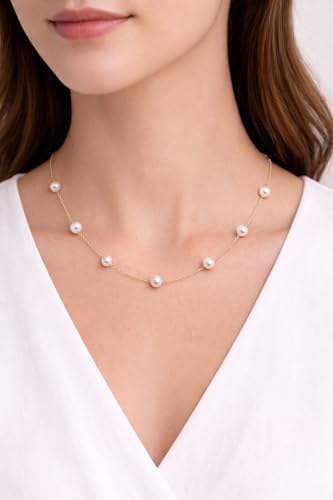 Belacqua White Cultured Freshwater Pearl Station Tin Cup Necklace in 10K Yellow Gold, Size 6MM-7MM, 18" Dainty Cable Chain, Real Pearl Jewelry for Women, Gift Box Included
