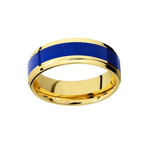 14K Gold Ring Lapis Lazuli Wedding Bands Luminous Blue Tungsten Rings for Men with Step Edges Durable Comfort Fit Sizing 8mm Unique Yellow Gold Anniversary Gifts for Him