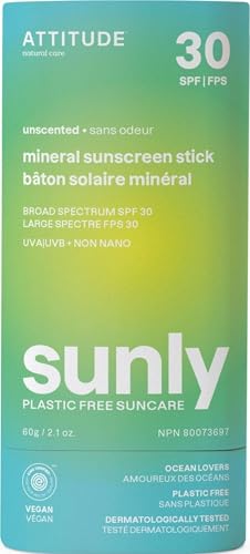 ATTITUDE Mineral Sunscreen Stick with Zinc Oxide, SPF 30, EWG Verified, Plastic-Free, Broad Spectrum UVA/UVB Protection, Dermatologically Tested, Vegan, Unscented, 2.1 Ounces