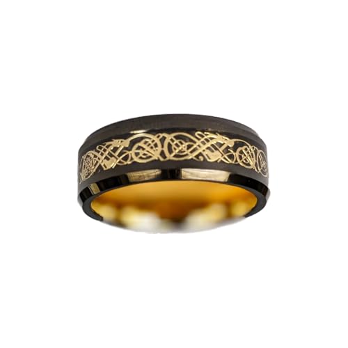 Pillar Styles 14K Gold Celtic Rings for Men Wedding Bands Black Viking Ring with Beveled Edges 8mm Tungsten Rings with Irish Inlay Unique Couples for Him
