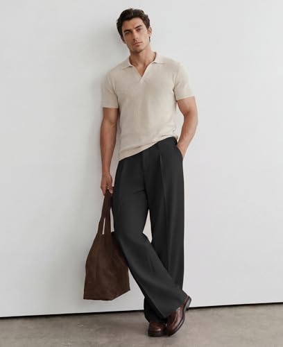 Susclude Wide Leg Dress Pants Men Pleated Old Money Baggy Casual Pants for Men Relaxed Fit Trousers with Slant Pockets Black