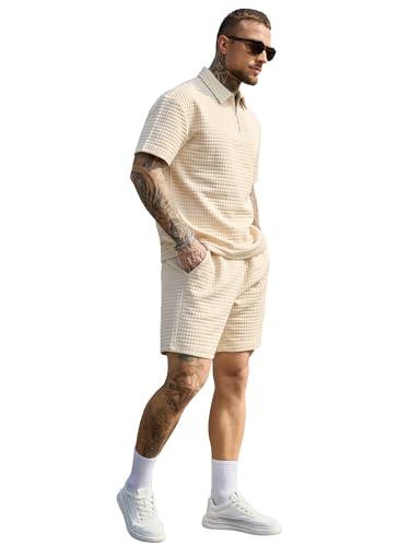JEMLDL Men's Short Sets 2 Piece Polo Shirt Summer Outfits Casual Fashion Jogging Track Suits Short Sleeve Travel Sweatsuit Light Khaki Large
