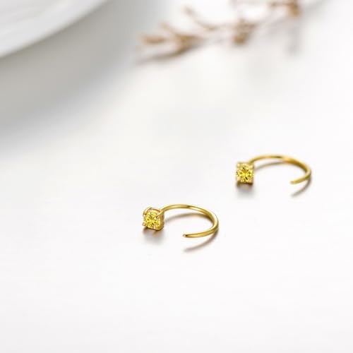 10K Solid Gold Huggie Half Hoop Birthstone Earrings for Women, Gold Citrine Colored Gemstone Tiny Cartilage Earring Hypoallergenic Jewelry Anniversary Birthday Gift 10mm