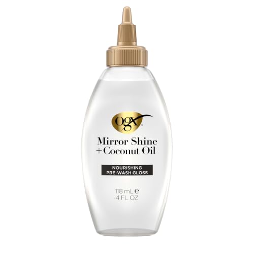 OGX Mirror Shine + Coconut Oil Pre-Wash Hair Gloss, Nourishing Rinse Out Hair Treatment for 48 Hours of Glossy Shine & Damage Repair, Lightweight Oil Mends Split Ends, 4 fl. oz