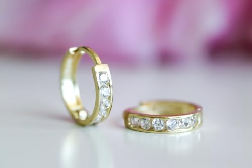 CZ Huggie Hoop Earrings, 10k Solid Yellow Gold, Dainty Cubic Zirconia Hoops 11mm, Minimalist Earrings for Women