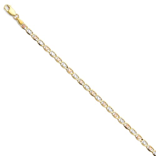 14k Tri Color Gold 3mm Heart Star Diamond Cut Chain Bracelet with Lobster Claw Clasp - 7"