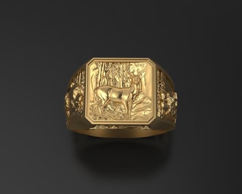 SilkenSaga Gothic Nature Inspire Deer Antler & Wolf Hunter Ring 14K Gold Plated Unique Wild Animal Head Biker Rider Nature Inspire Hunter Ring 925 Sterling Silver Handmade Animal Jewelry Gift