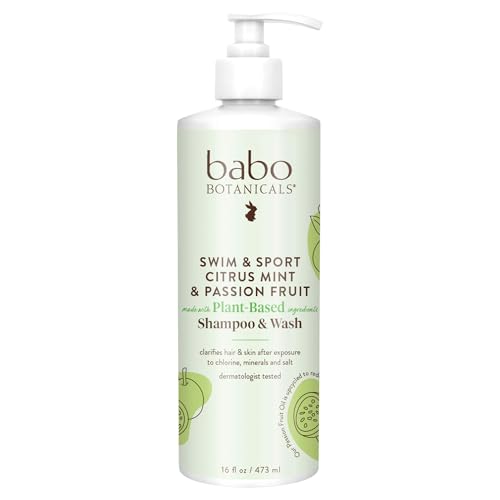 Babo Botanicals Swim & Sport Citrus Mint & Passion Fruit Shampoo & Wash - Purifying Cleanser for hair & body- Removes chlorine & sweat - For all ages - Scented with Citrus & Peppermint Oil - 16 Fl Oz