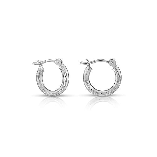 14k White Gold Hand Engraved Full Diamond-cut Round Hoop Earrings (12mm (0.48 inch))