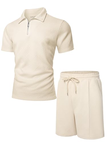 UOUA Mens Track Suits 2 Piece Sets Short Sleeve Sweatsuit Outfits Casual Quarter Zip Golf Polo Shirts & Summer Jogger Shorts Outdoor Sets Beige L