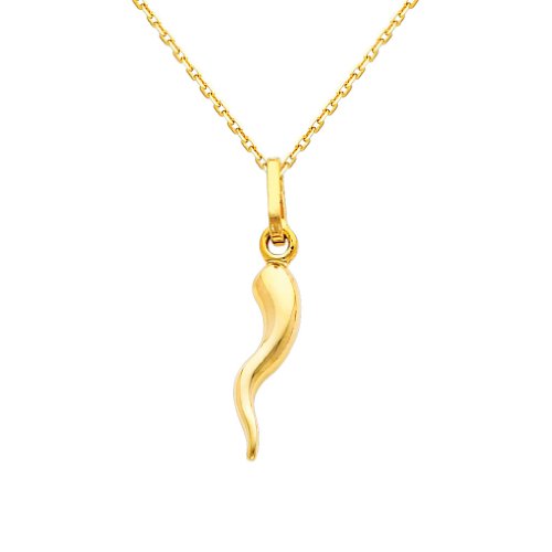 14k REAL Yellow Gold Cornicello Italian Horn Pendant with 0.9mm Cable Chain Necklace - 16"
