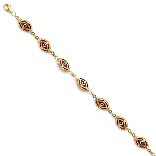14k REAL Yellow Gold Red Evil Eye Bracelet - 7.5"