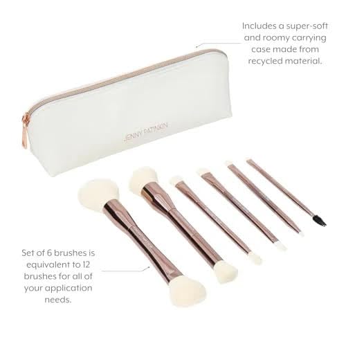 Sustainable Luxury 6 Dual-Ended Makeup Brush Set with Travel Case for a full-face application, Professional Makeup Brushes Set, Cream & Powder Complexion, Conceal/Define, Brow/Line, Crease/Eye Detail