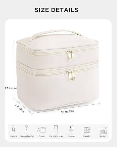 HBlife Double Layer Travel Makeup Bag Portable Cute Leather Cosmetic Bag Large Make Up Bag Makeup Case Organizer Toiletry Bag for Women Girls with Handle and Removable Divider(Beige)